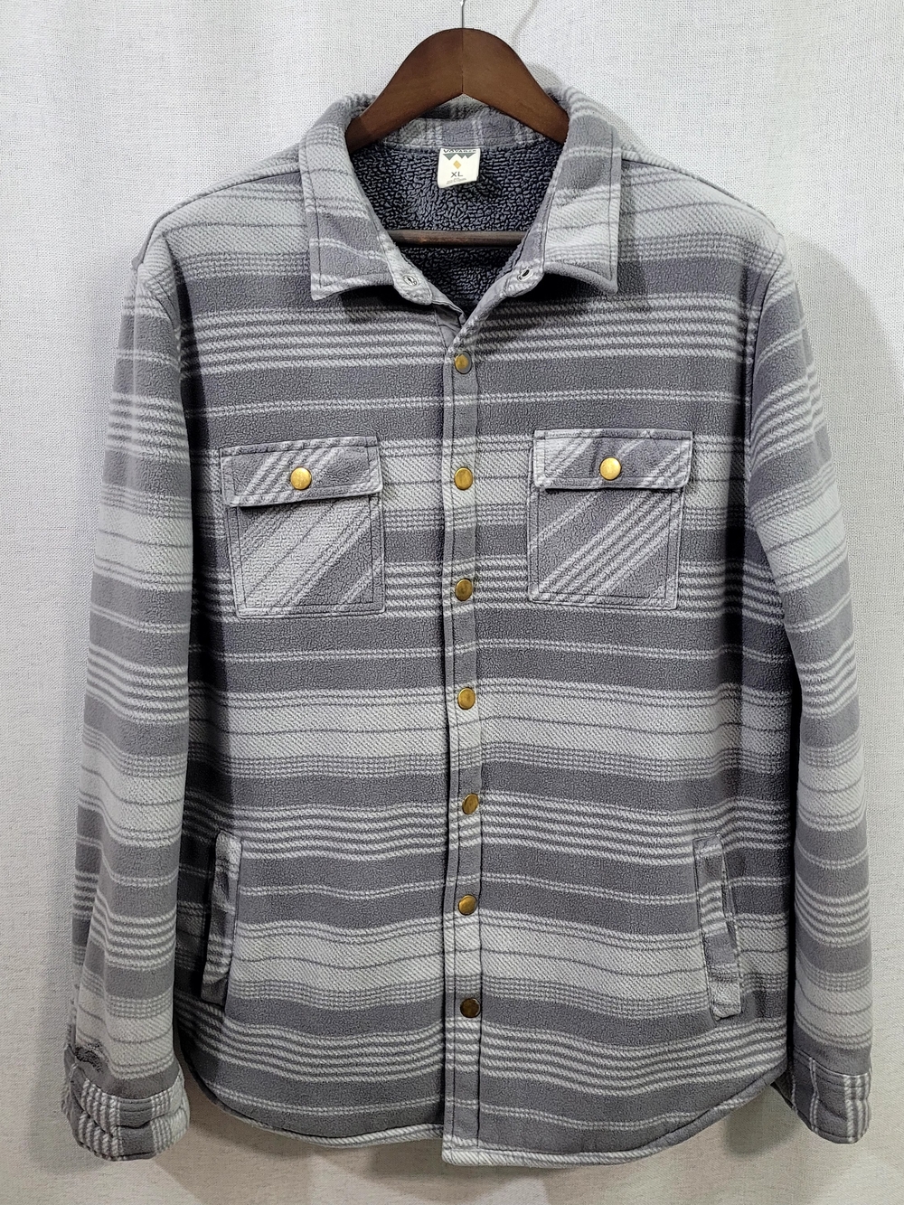 Voyager Men's Sherpa Lined Fleece Shirt Jacket Grey Stripe Shacket Size XL